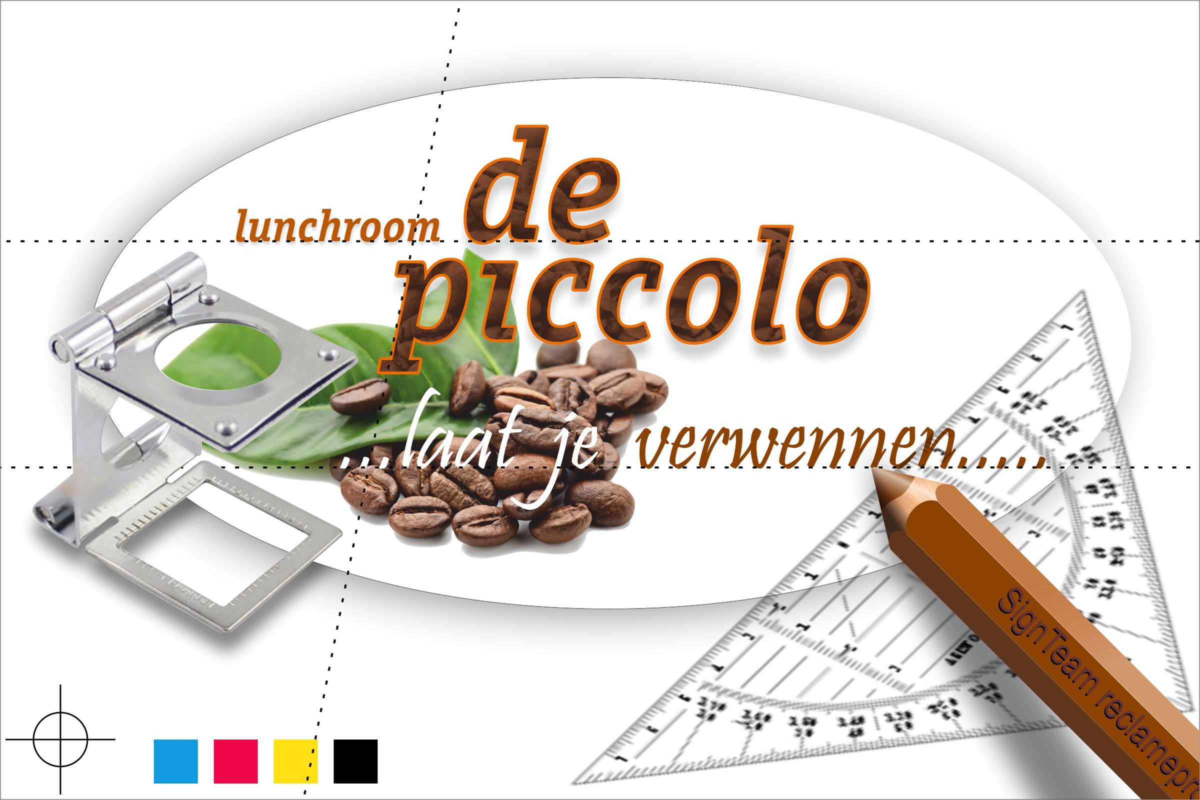 Lunchroom de Piccolo, logo, fullcolor op paneel, full-colour op bord, geschuimd kunststof logobord, uitgefreesd logo